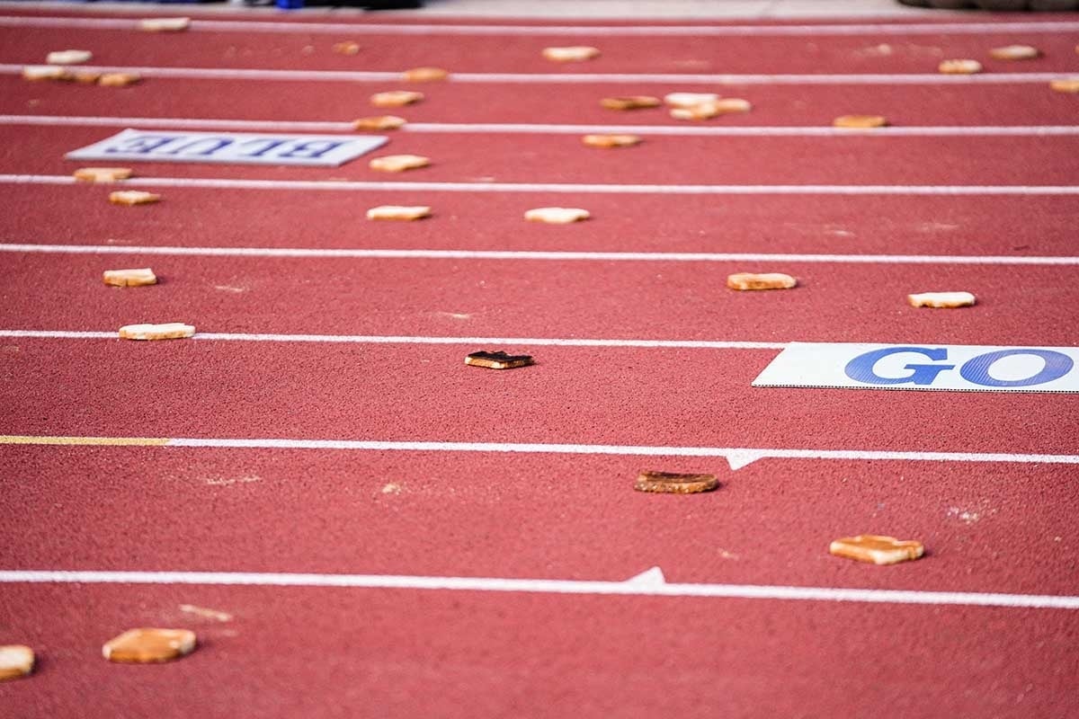 Close up of running track with toast on it