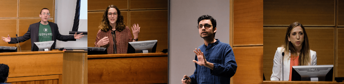 From left to right, collage of speakers Joshua Becker, Celeste M. Wagner, Prateekshit Pandey and Leeann Siegel photographed candidly while speaking.