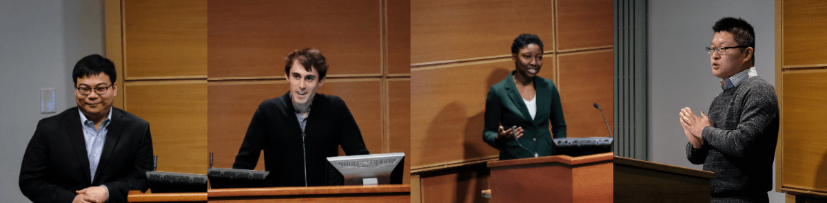 Collage of panelists Sijia Yang, Douglas Guilbeault, Opeyemi Akanbi and Alvin Zhou shot candidly while speaking. 