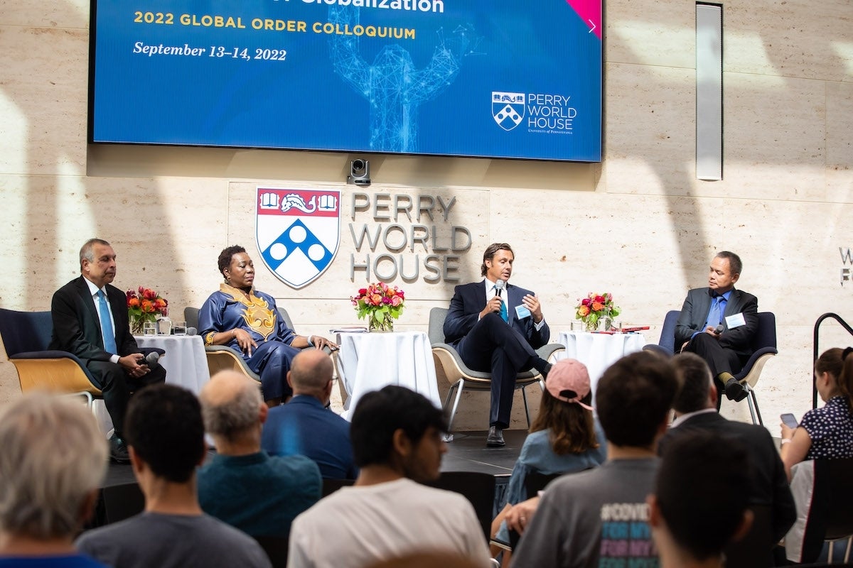 Ambassadors sit on the stage at Perry World House during an interview with Edward Wong of the New York Times