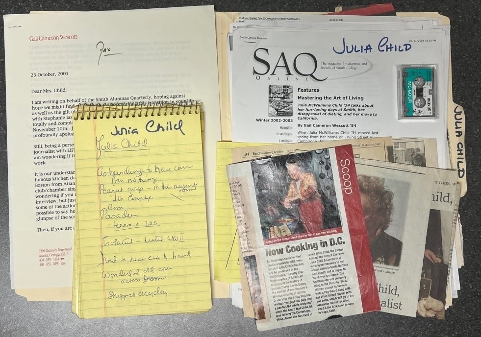 Wescott’s file on Julia Child, complete with correspondence, interview notes, and a microcassette.