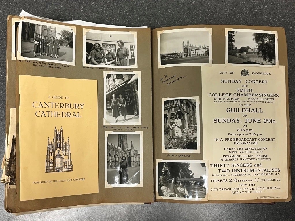 A scrapbook from Gail Cameron Wescott's trip to Europe with the Smith College Chamber Singers