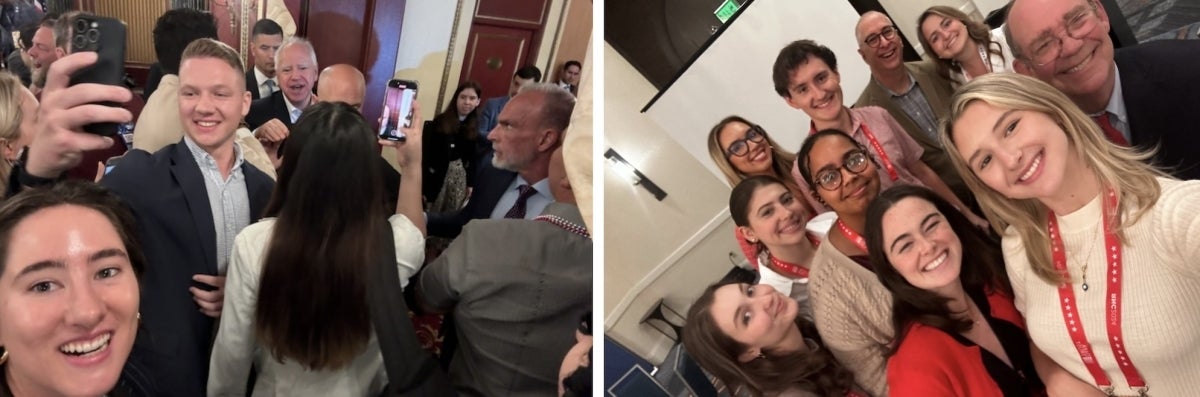 Two images: In one, Penn students pose with Democratic Vice Presidential candidate Tim Walz at the DNC. In the other, students attending the RNC pose with lecturers Craig Snyder and David Eisenhower.