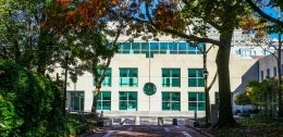 View of the Annenberg School building from Locust Walk in Fall