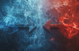 decorative illustration of blue and red arrows facing each other meant to signify political polarization