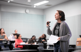 Jessa Lingel gives a lecture in a lecture hall