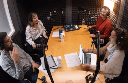 Sarah Banet-Weiser, Yphtach Lelkes, Sarah J. Jackson, and Annenberg Media Lab Manager Anna Gamarnik record the "Annenberg Conversations" podcast