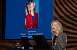 Amy Gutmann speaks at a podium