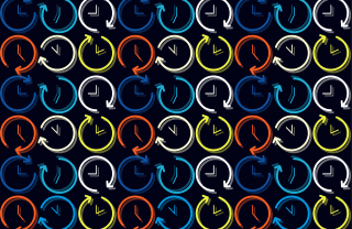 lots of small clock graphics in different colors tiled across black background