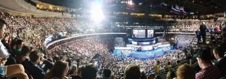View of the 2016 Democratic National Committee Convention stage from high up in an arena full of people