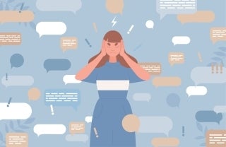 illustration of a woman covering her ears with her hands to block speech bubbles full of disinformation