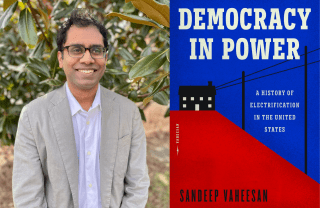 Sandeep Vaheesan's headshot next to cover of his book Democracy in Power