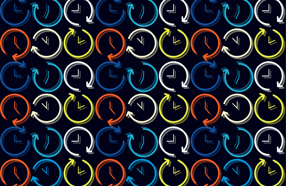 lots of small clock graphics in different colors tiled across black background