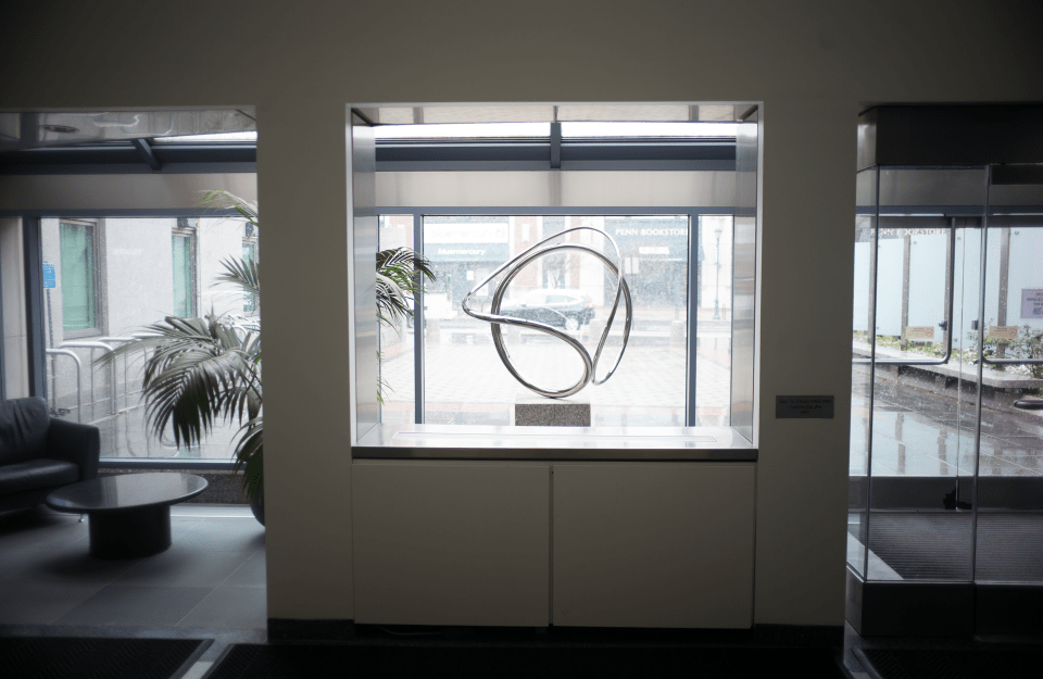 metal spiral sculpture in Annenberg School's front lobby 