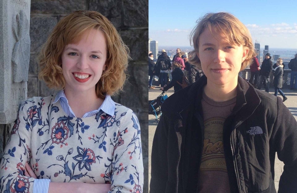 Photo collage of Rosemary Clark-Parsons and Rachel N. Stonecipher. Both pictures are from the chest up. Rosemary's picture is to the left and she wears a beige floral sweater over a blue striped button down. Rachel wears a brown graphic tee with a black North Face jacket.