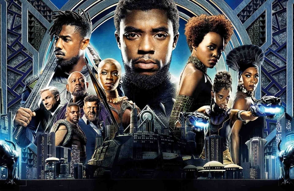 Blank Panther movie poster with all the main character's faces collaged, with T'Challa (Chadwick Boseman) in the center