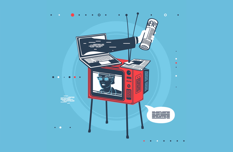 Illustration of a vintage TV set with a laptop resting on it and a hand coming out of the laptop holding a newspaper