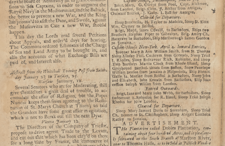 A section of a 1726 issue of The New-York gazette