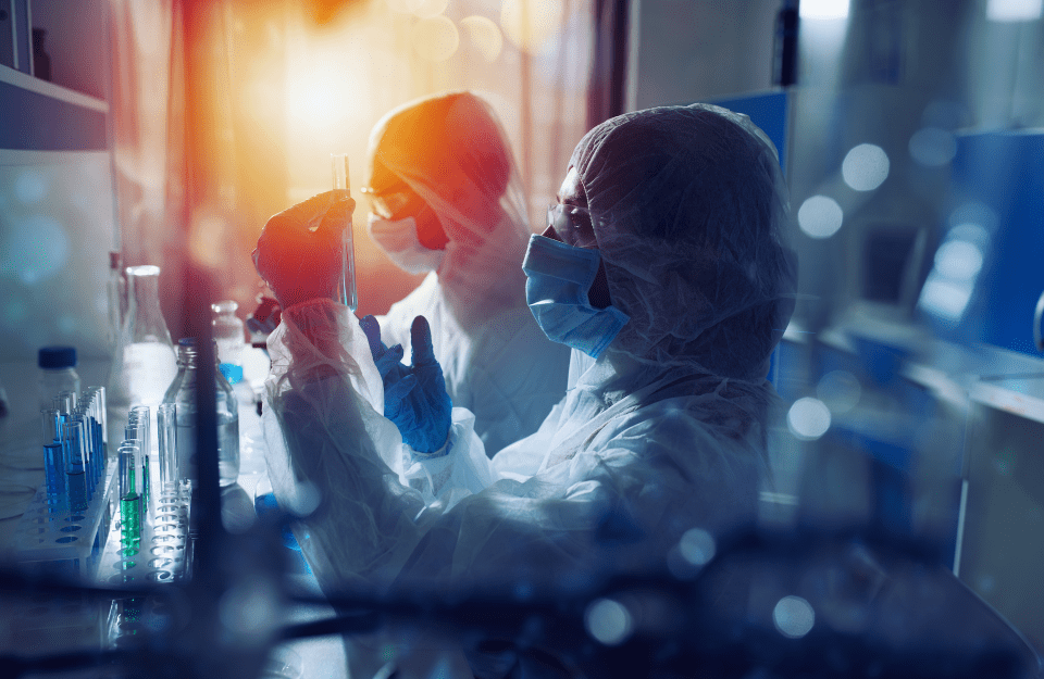 Two scientists in a lab hold test tubes