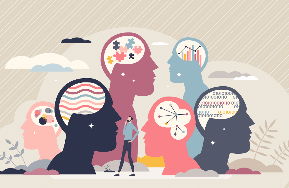 Vector illustration of silhouettes of heads and brains meant to convey variation in mindsets and emotions