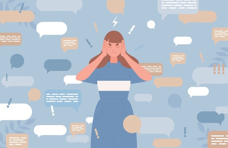 illustration of a woman covering her ears with her hands to block speech bubbles full of disinformation