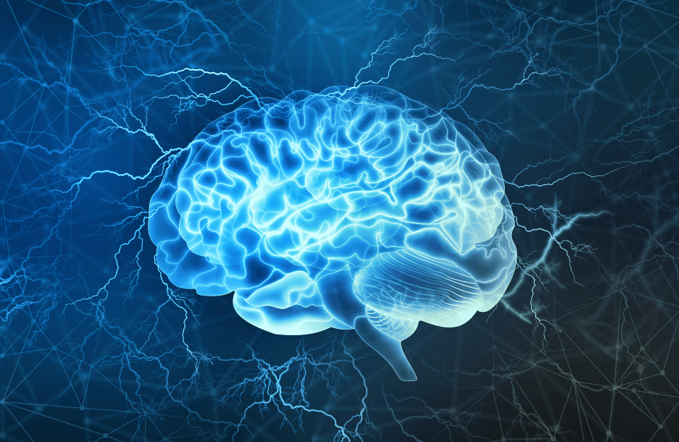 Illustration of a Human brain with electrical activity, flashes and lightning on a blue background.