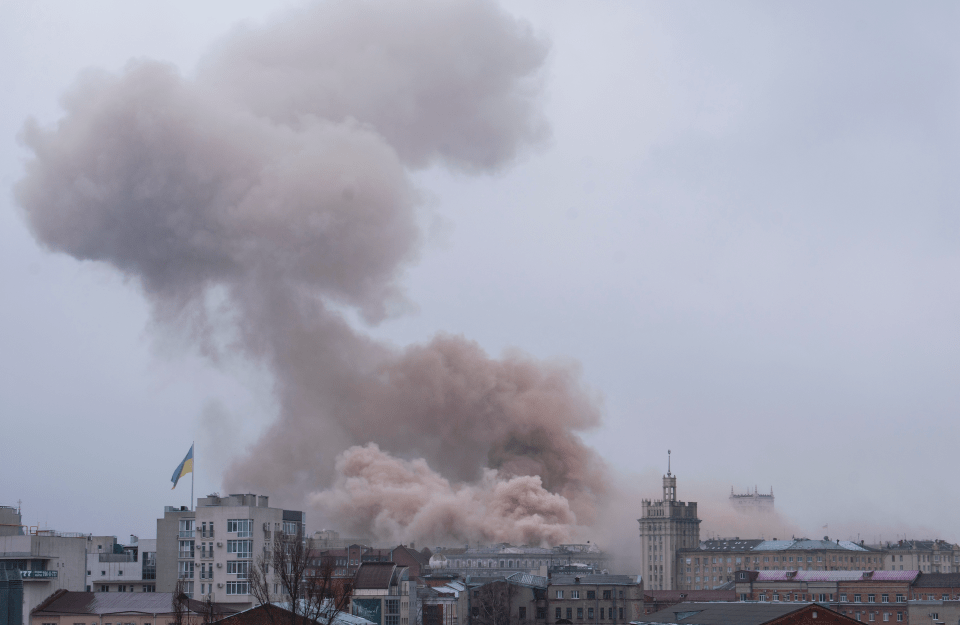 An explosion from an air bomb in the center of the city of Kharkov, the metro station Constitution Square. Photo taken March 2, 2022