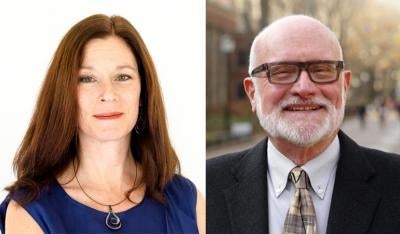 Collage of Karin Gwinn Wilkins' and Stewart Hoover's headshots