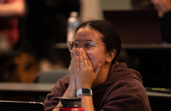 A student gasps during the Annenberg debate party