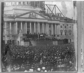 Crowds fill the area near the U.S. Capitol in 1861 during Abraham Lincoln's inauguration