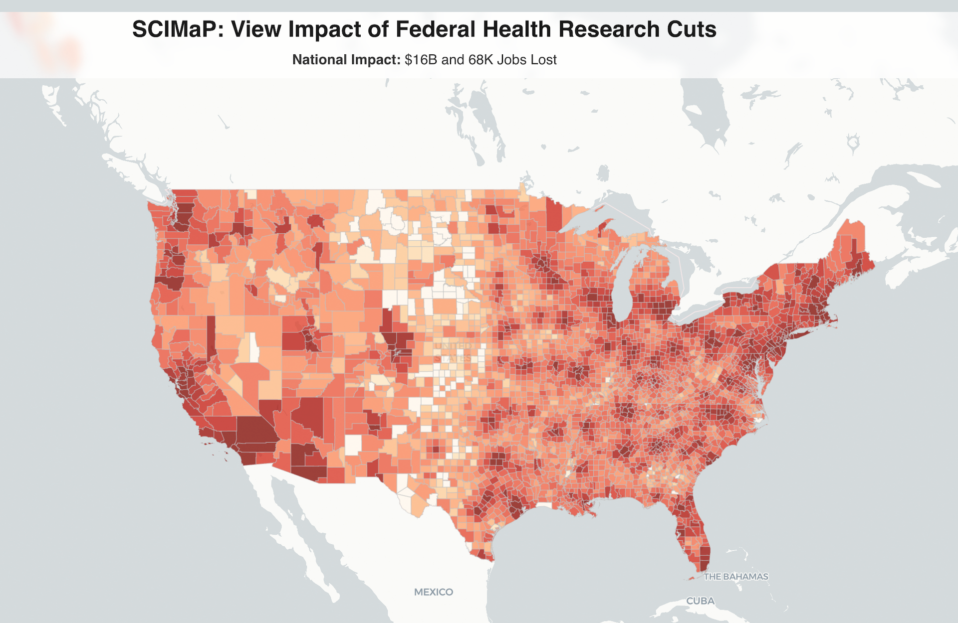 A screenshot of SCIMaP. an interactive map of the United States showing the financial impact of proposed NIH funding cuts